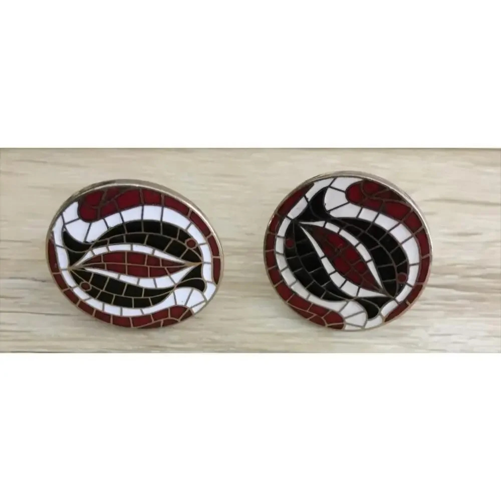 Vintage Cufflinks Swank Mosaic Gold‎ Tone with Red Black Dolphin Fish Eye Design - Picture 2 of 3